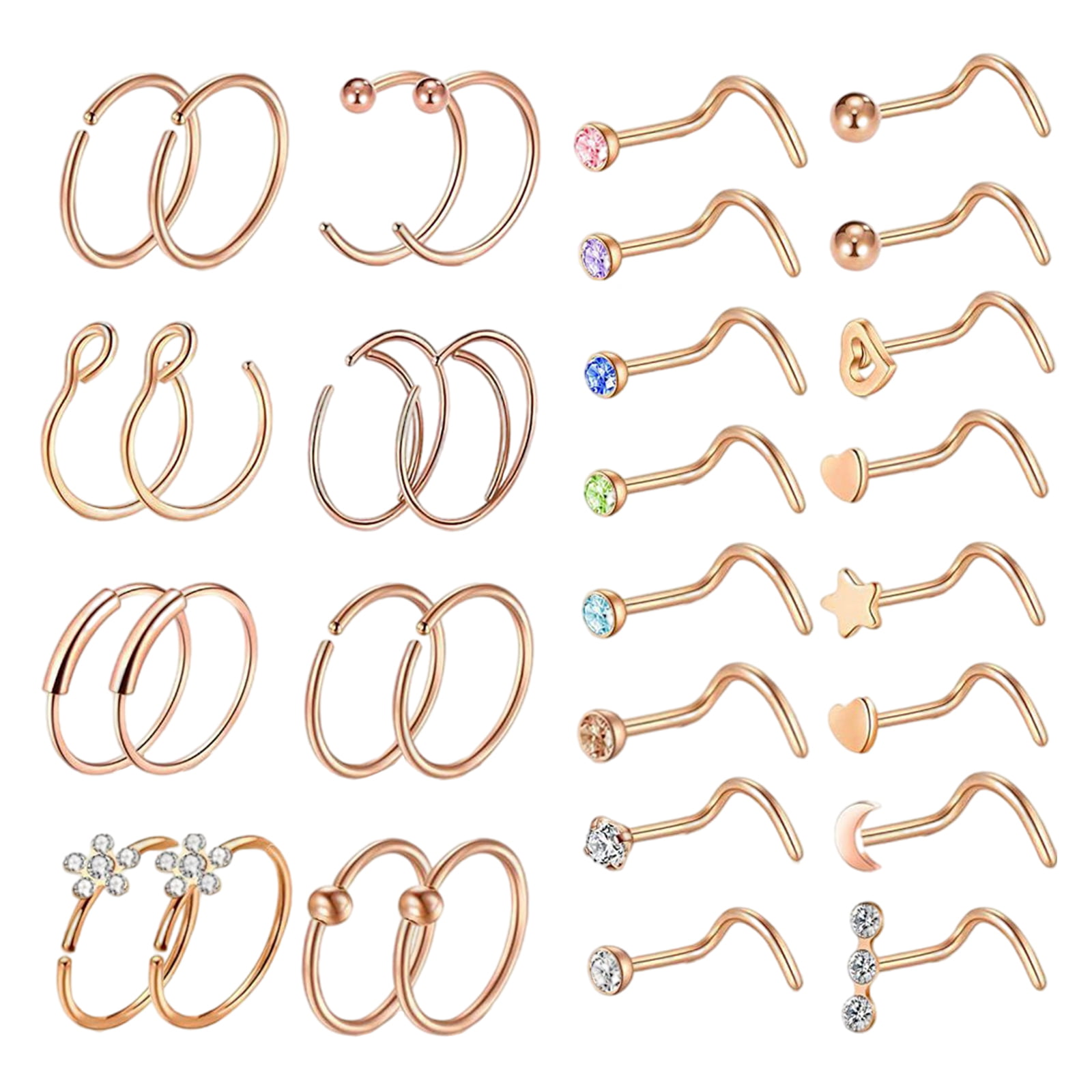 Briana Williams Surgical Stainless Steel 20G 8mm Nose Rings Hoop L Shaped Bone Screw Nose Rings Studs 32pcs Nose Piercing Jewelry Set 