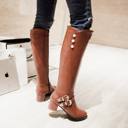 

Bxzhiri Women s Fashion Belt Buckle Long Knee High Boots Square Heel Side Zipper Boots