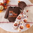 thumbnail image 2 of mgoYE Newborn Baby Boy Halloween Thanksgiving Outfit 3 6 9 12 18 Month Long Sleeve Romper Turkey Overalls Pants Set Fleece Hat 3Pcs Fall Winter Clothes(Brown,9-12 Months), 2 of 9