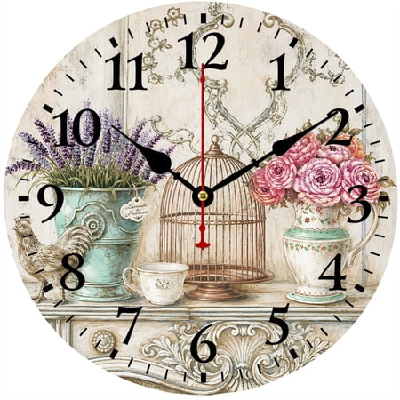 9 . 84 Inch Vintage Farmhouse Wall Clock, Decorative Floral Analog Clock with Large Arabic Numerals, French 9 . 84 Inch Vintage Farmhouse Wall Clock, Decorative Floral Analog Clock with Large Arabic - 19 c