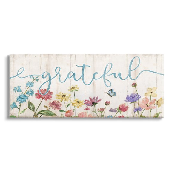 Stupell Industries Grateful Sentiment Spring Wildflower Garden Blue Butterfly Modern Painting Gallery-Wrapped Canvas Print Wall Art, 48 x 20, Design by Nan