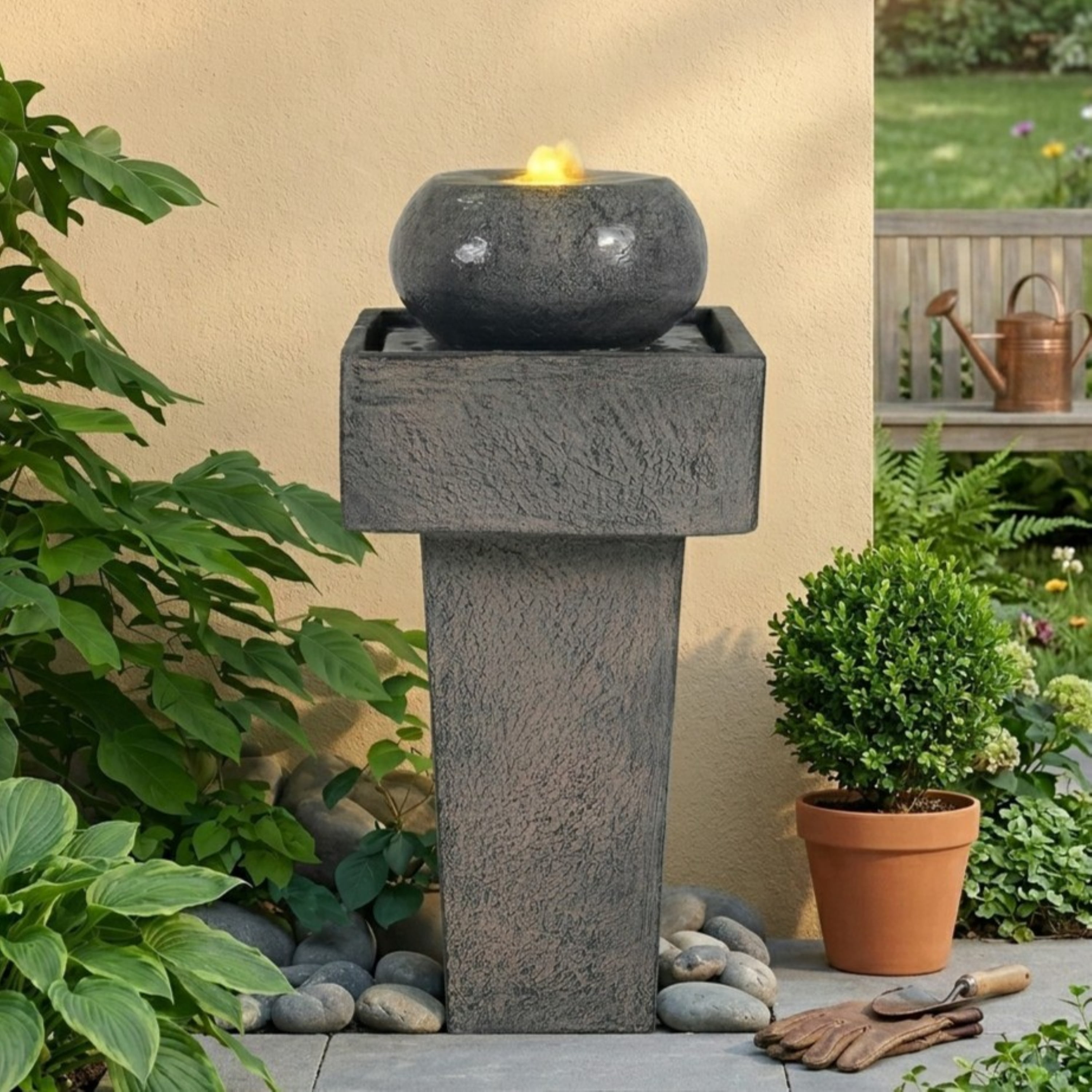 Mintazer 26"H Modern Stone Textured Pedestal Sphere Fountain, Weatherproof Concrete Outdoor Water Feature with Warm LED Light & Recirculating Pump for Patio Garden Backyard Decor, Gray