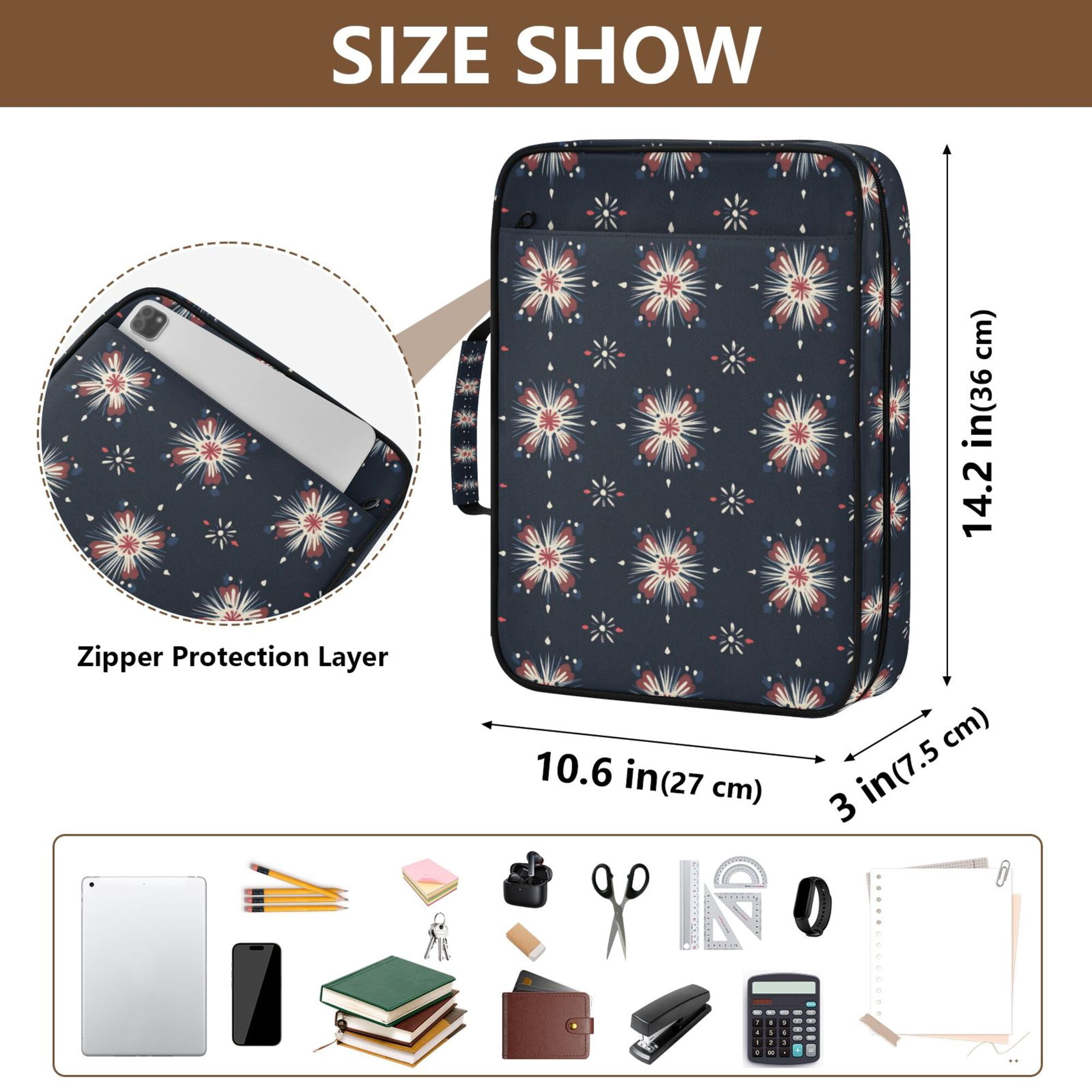 FORMRS Accordion File Folder A4 Size 7-Pocket Expanding Document Organizer Bag with 3 Ring Binder, Red Fireworks Pattern