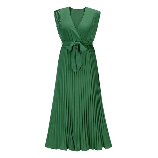 Vestido de playa plisado de gasa para mujer - Manga con volantes, corte ajustado, color liso, tallas S-XXL, para fiestas de verano/bodas, largo 140 cm
