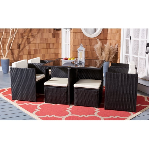 Safavieh Klena 9-Piece Rattan And Steel Outdoor Dining Table Set, Black/Beige