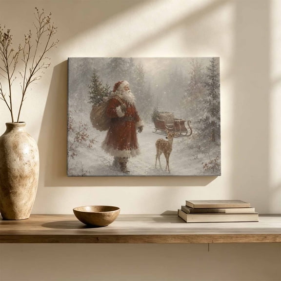 Christmas Winter Canvas Wall Art, Classic Vintage Santa Claus Deer Sleigh Pine Wall Art Prints Artwork Framed Canvas Ready to Hang Art Pictures for Large Dining Living Room Hallway 36" x 24"