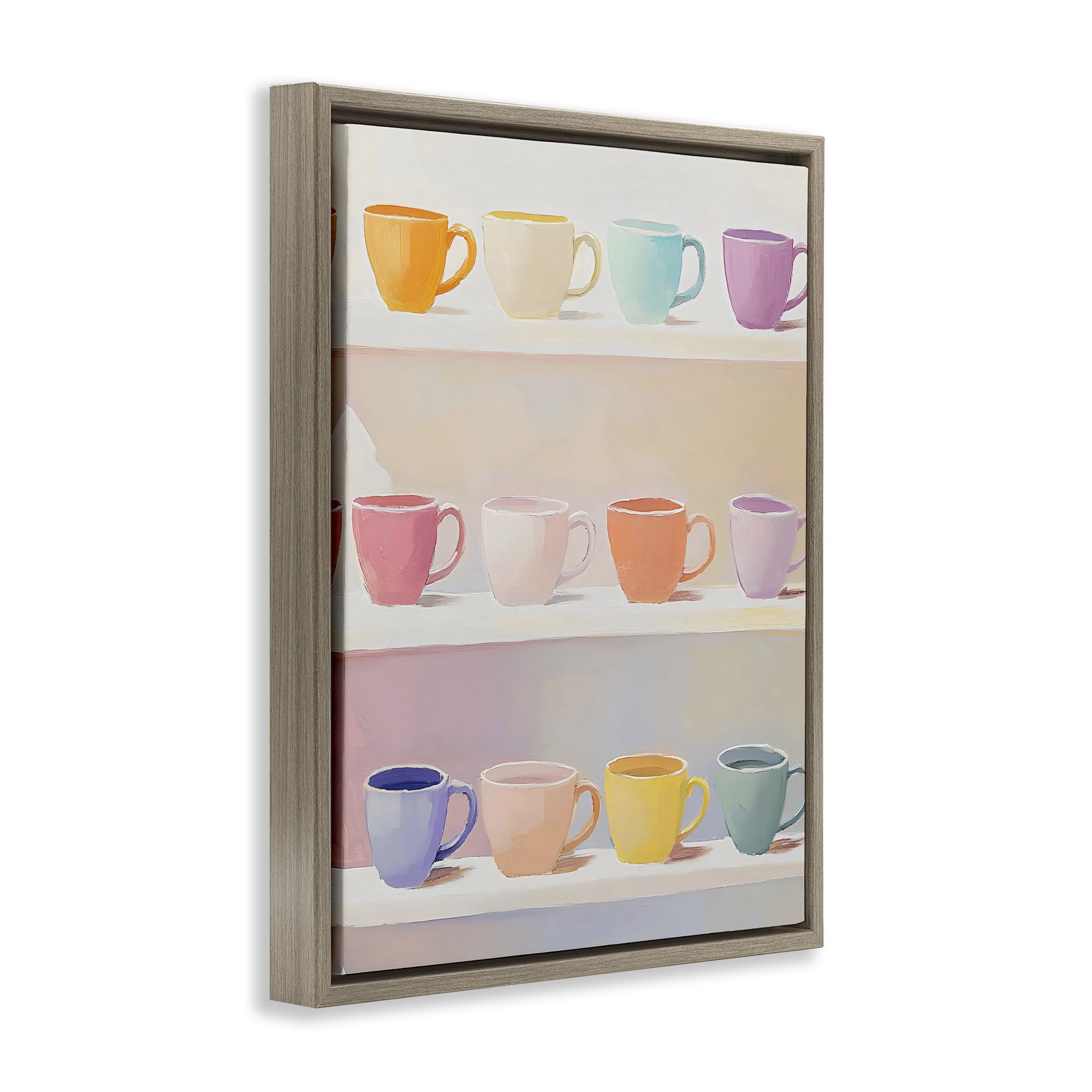 Stupell Industries Rows of Pastel Teacups Brown Framed Floater Canvas Wall Art, design by The Prints Vibe