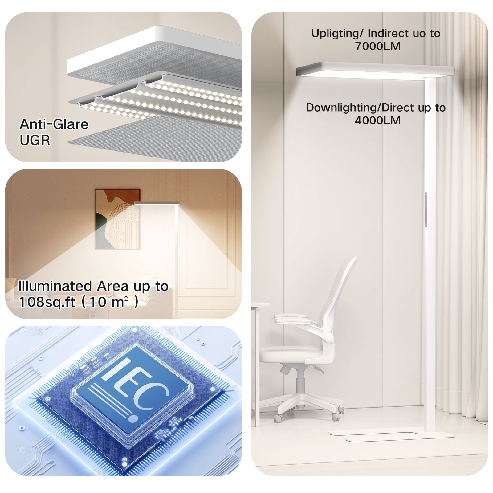 8000LM LED Floor Lamp, 100W Eye-Caring Reading Standing Light, 4000K Dimmable Natural Daylight Modern Tall Reading Lamp for Home Office, Study Room, Living Room, Bedroom, Touch Control