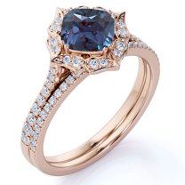 JeenMata Lotus 1.5 Carat Cushion Cut Lab Created Alexandrite and Moissanite Pave - Graduated Accent Wedding Ring Set in 18k Rose Gold over Silver