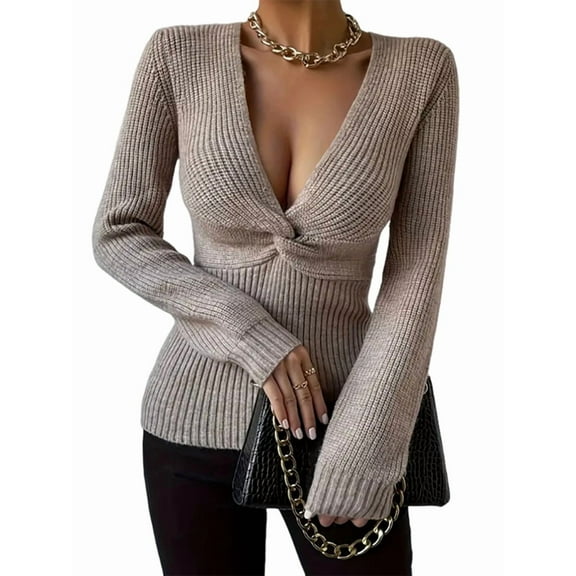 Women'S Twist Knot Fall Clothes Fashion Outfits Top Ribbed Long Sleeve Camel M