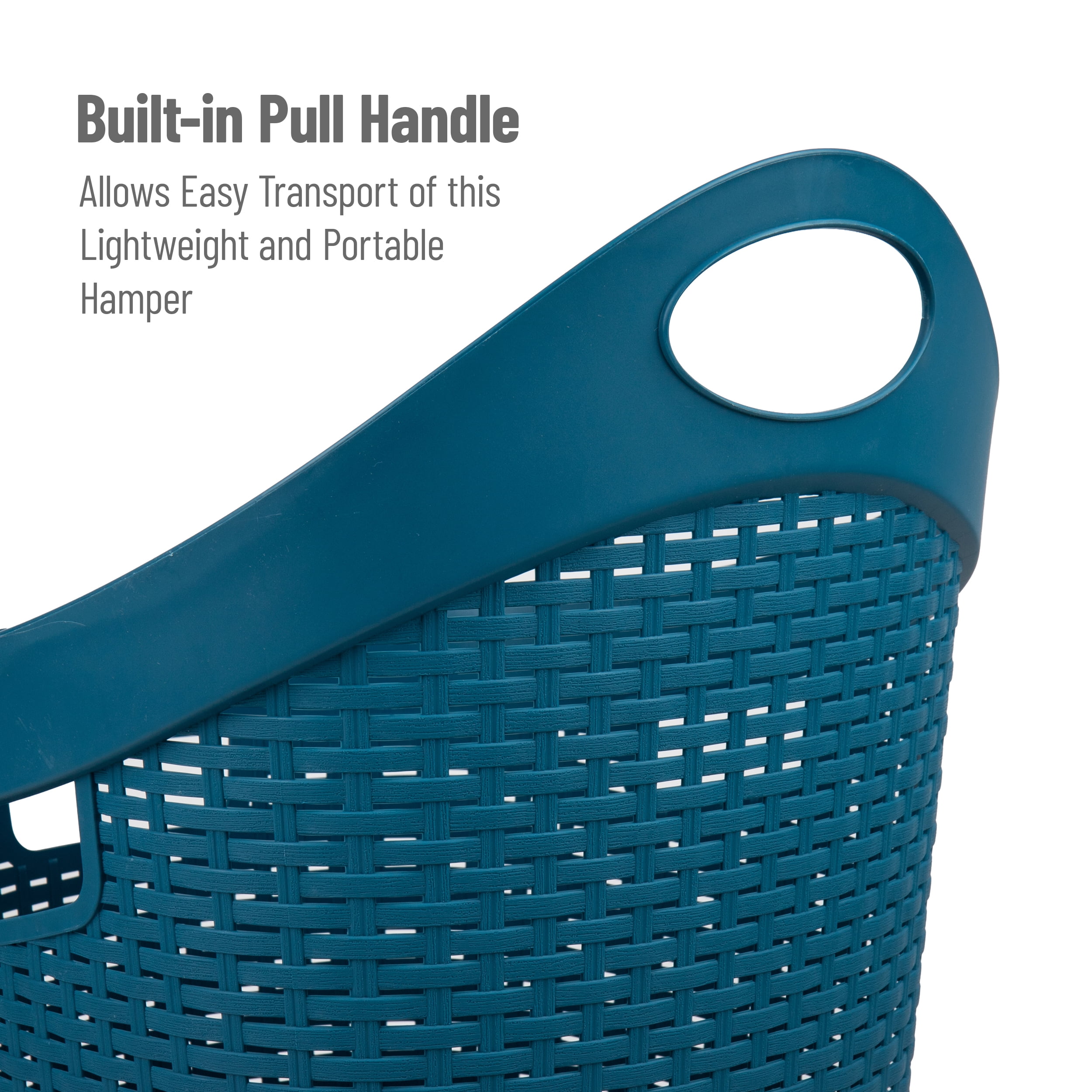 Mind Reader 60L Rolling Laundry Hamper, Clothes Basket, Lid, Wheels, Wicker Style, Plastic, 19.5"L x 14.75"W x 29.25"H, Blue