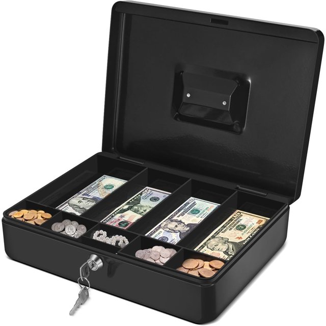 Cash Box with Money Tray and Lock Metal Cash Box for Small Businesses Compartment Money Box with Removable Tray and Key Portable Storage for Checks and Coins