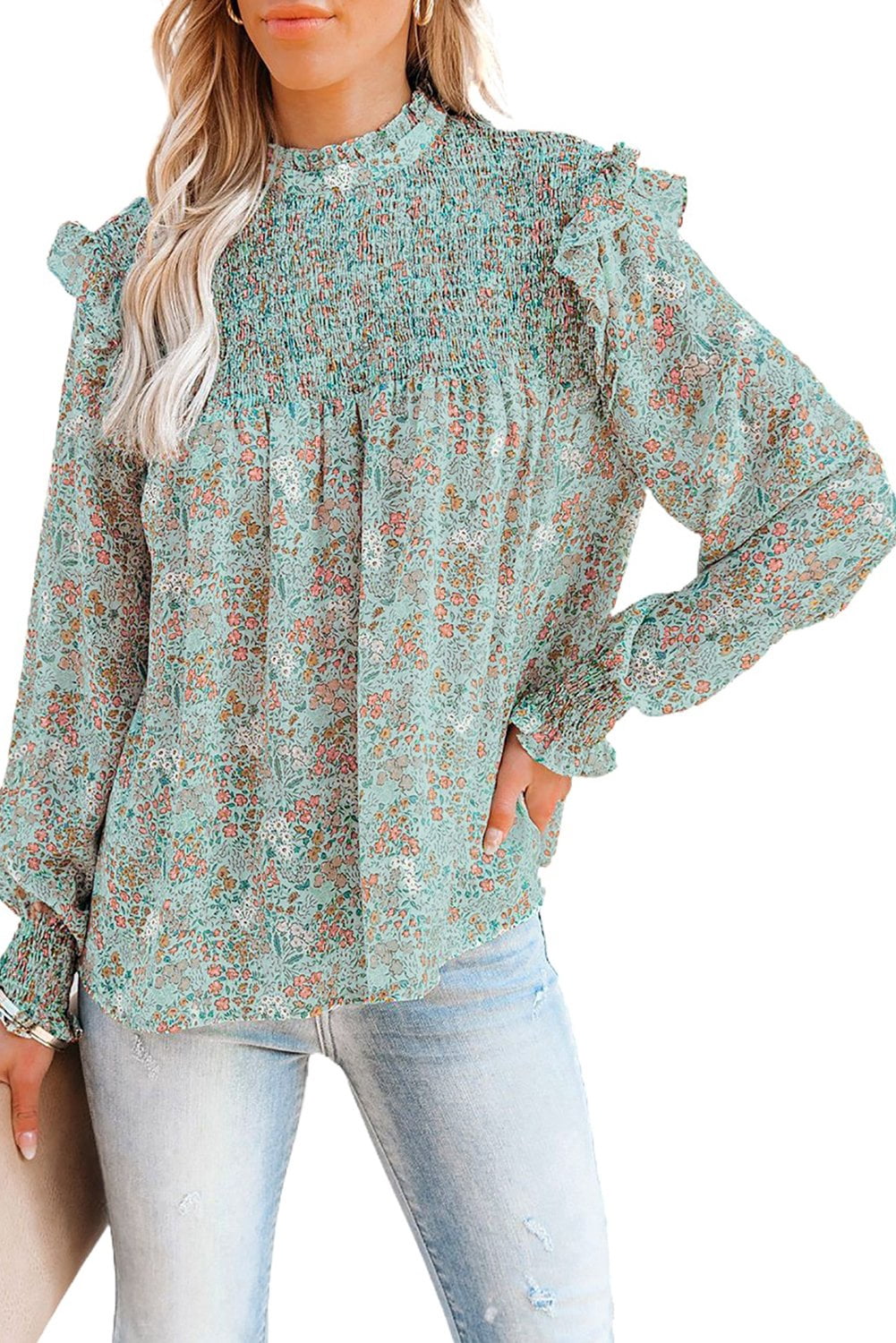 Women Green Floral Print Smocked 