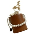 thumbnail image 3 of Bolso de hombro de piel sintética marrón para citas elegantes, bolso estilo cubo con cadena de perlas estilo retro chic en tamaño único, 3 of 8