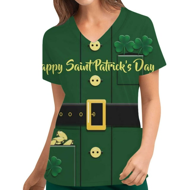 EGNMCR Sarraus pour Femmes Mode Femmes Impression de la Saint-Patrick Manches Courtes Col en V Hauts Uniforme de Soins Infirmiers de Travail Cadeaux de la Saint-Patrick pour Femmes