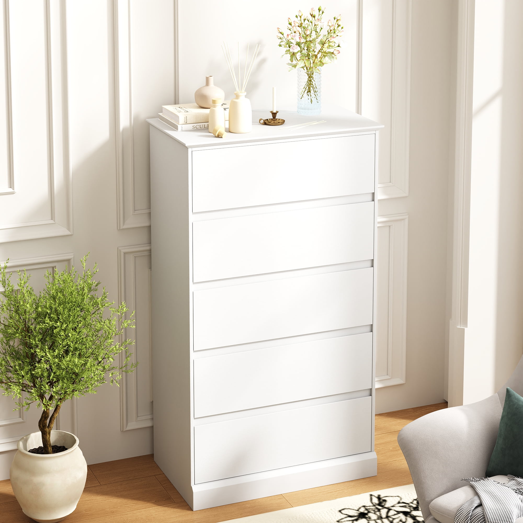 5 Drawer Dresser for Bedroom, 15.8" D x 27.6" W x 48.4" H in Simply Modern Chest of Drawers, Wood Storage Dresser with Deep Drawers for Living Room Hallway Entryway, White