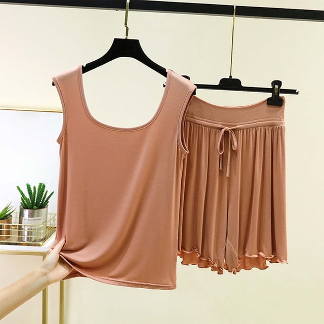 RKSTN Pyjama pour Femmes Ensemble Coton à Volants Grande Taille Col Ras du Cou Sans Manches Camisole de Pyjama avec Shorts 2 Pcs Pyjama Léger pour Femmes