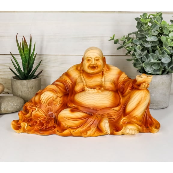 Ebros Feng Shui Hotei Happy Buddha Sitting with Gold Ingot and Money Coins 9" W