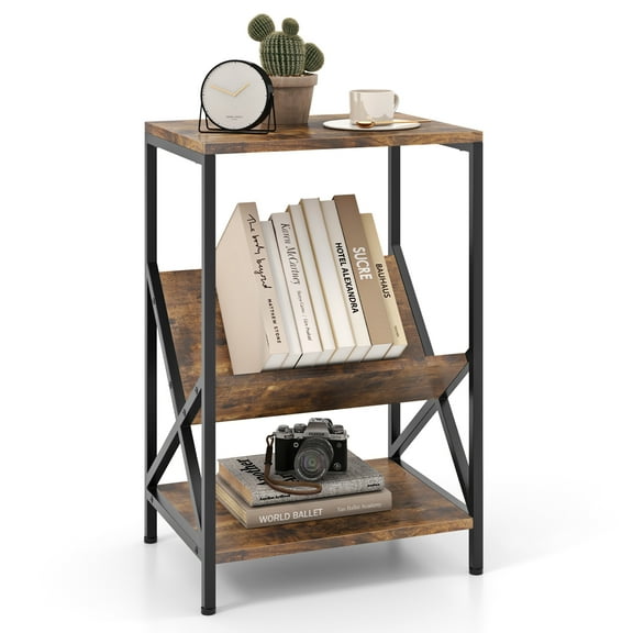 Giantex 3-Tier End Table, Industrial Sofa Side Table, Small Nightstand, Bedside Table w/V-Shaped Magazine Holder