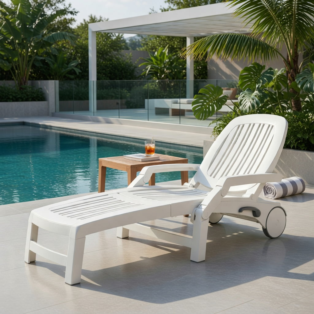 Hommoo Adjustable Outdoor Sun Lounger with All-Terrain Wheels, Weather-Resistant PP Recliner for Patio, Poolside & Backyard, White