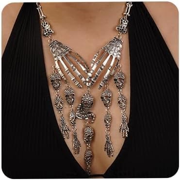 Halloween Skeleton Skull Hand Bone Necklace Punk Gothic Festival Party Costume Pendant Jewelry for Women