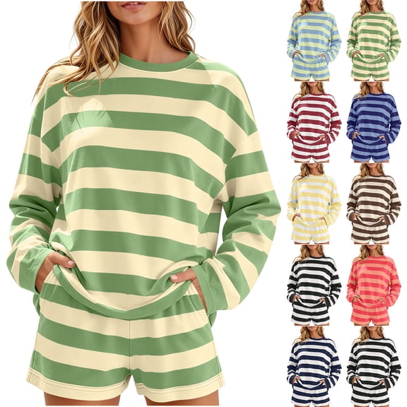 MaFYtyTPR Women 2 Piece Striped Outfits Crew Neck Long Sleeve Pullover Tops Wide Leg Shorts Casual Comfy Two-piece Set