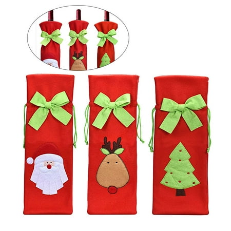 

3pcs Christmas Santa Claus Reindeer Christmas Tree Pattern Drawstring Wine Bottle Cover Bags Home Party Dinner Table Decor Candy Gift Bag Wrap