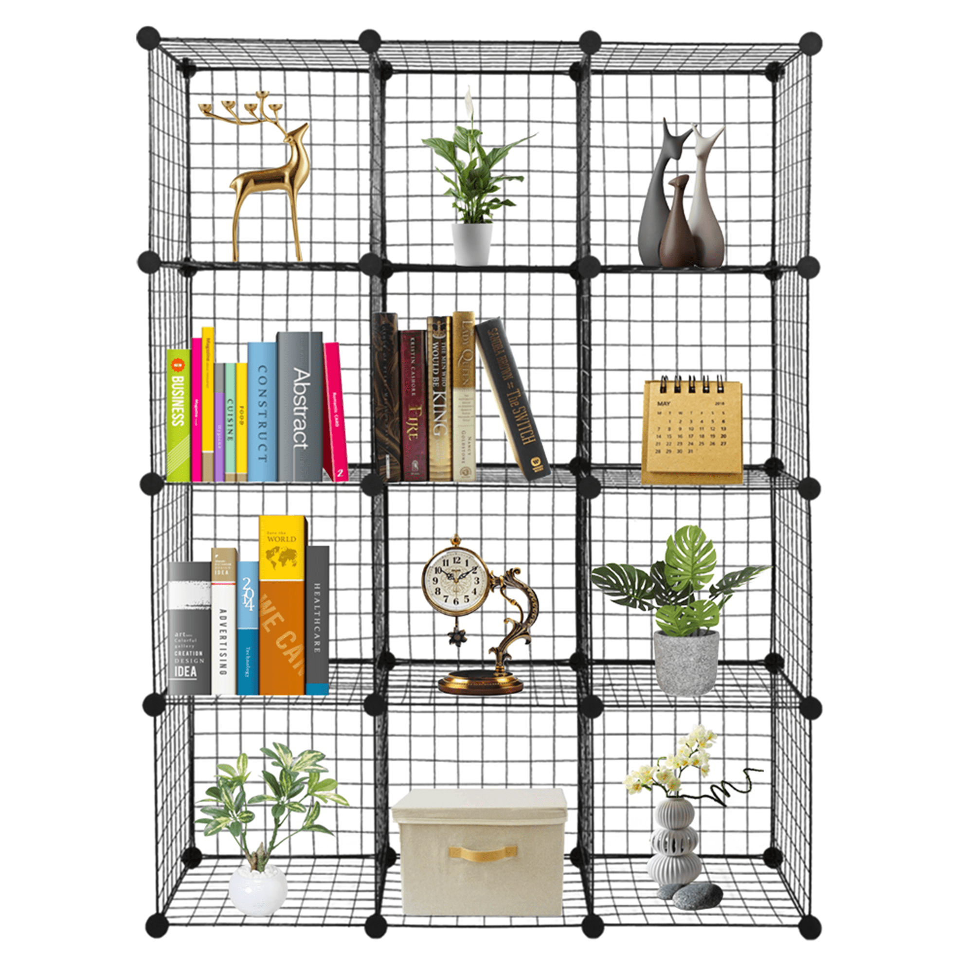 12-Cube Organizer Shelf, Metal Grid Storage Cubes, DIY Modular Bookshelf, Closet Organizer & Toy Storage, Black (14" x 14" x 14" Each Cube)