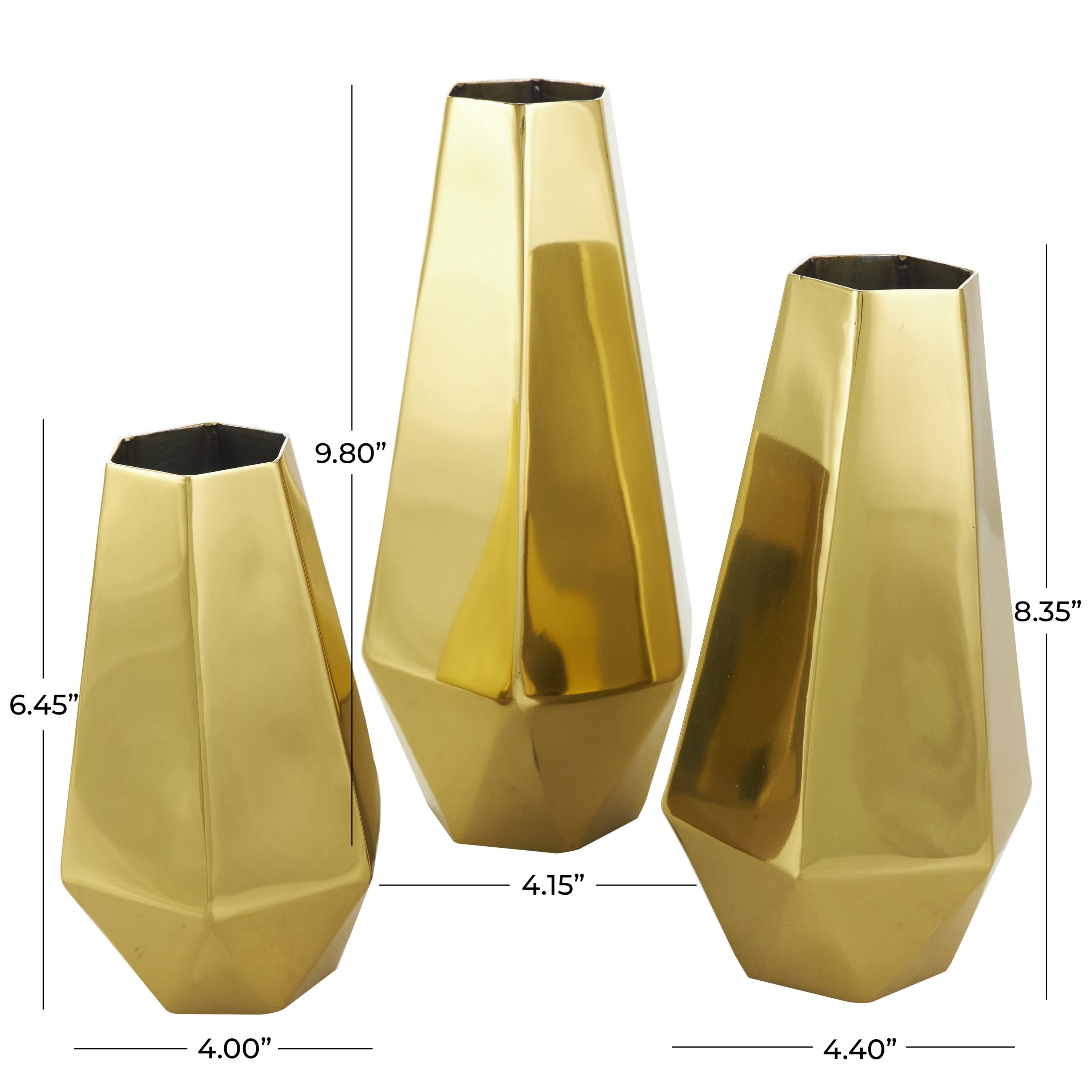 DecMode 10", 8", 6"H Geometric Hexagon Shaped Gold Stainless Steel Vase with Varying Heights, Set of 3