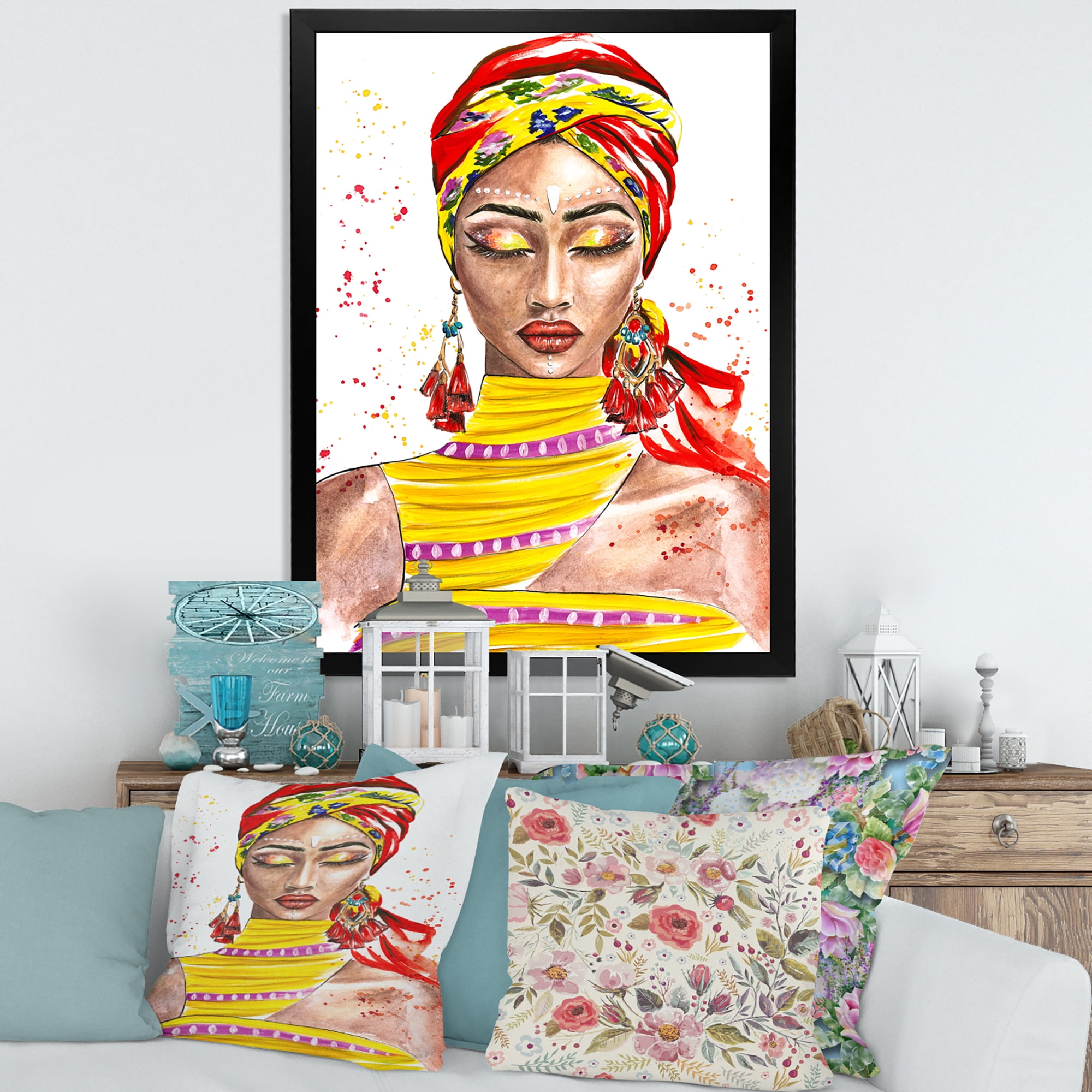 Designart 'Exotic Colorful Portrait of Afro American Woman' Traditional Framed Art Print
