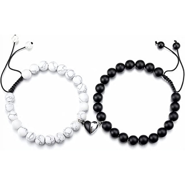 2 pulseras para parejas de cristal curativo, ágata negra, turquesa blanca, pulseras para parejas, pulsera magnética con corazón para su amante, él y ella, novio, novia, regalos del día de San Valentín Rojo Verde