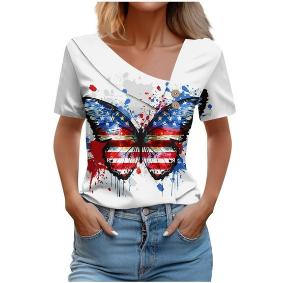 HaoXianJian Independence Day Flag Shirt Womens V Neck Shirt Graphic Tee Red White and Blue Shirts Causal Short Sleeve T Shirt T-Shirts 4th of July Top Summer Tee Top