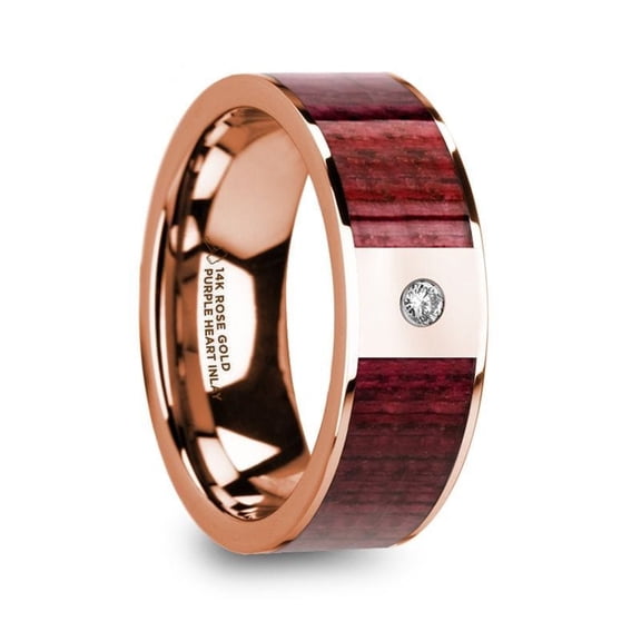 ORESTES Men’s Polished 14k Rose Gold Wedding Band with Purpleheart Wood Inlay & Diamond - 8mm - Size 8.5