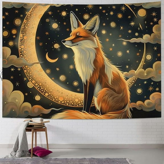 BCIIG Fox Crescent Moon Stars Tapestry Wall Hanging Unique Style Graphic Tapestries Home Decor Art Living Room Bedroom Apartment Farmhouse Dorm 40x30inch