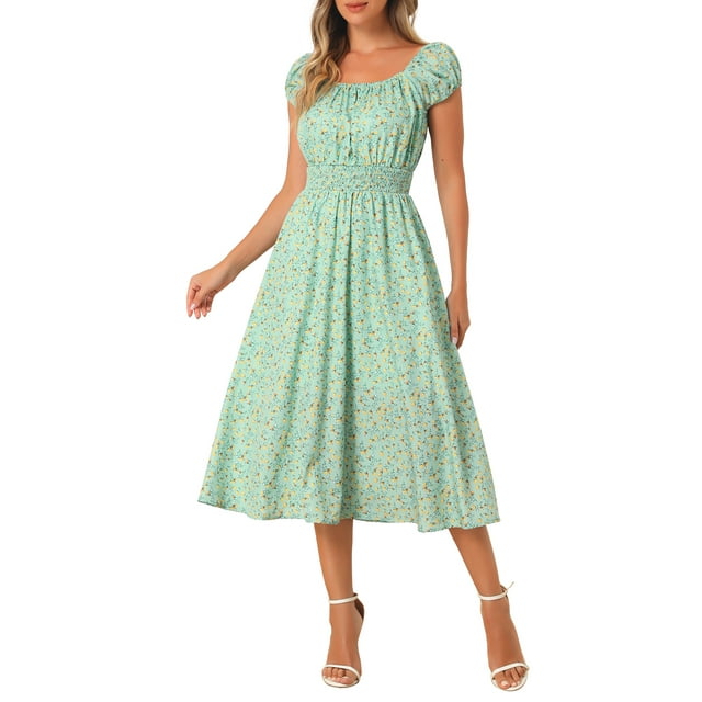 Vestido largo con cuello cuadrado y cintura elástica de flores para mujer Inspire Chic S Verde