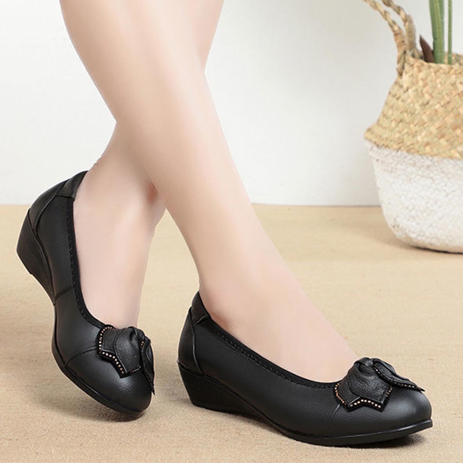 LSLJS Women s Soft Leather Mother Shoes Diamond bow Beanball Shoes Round Toe Slip on Shoes Flats Shoes
