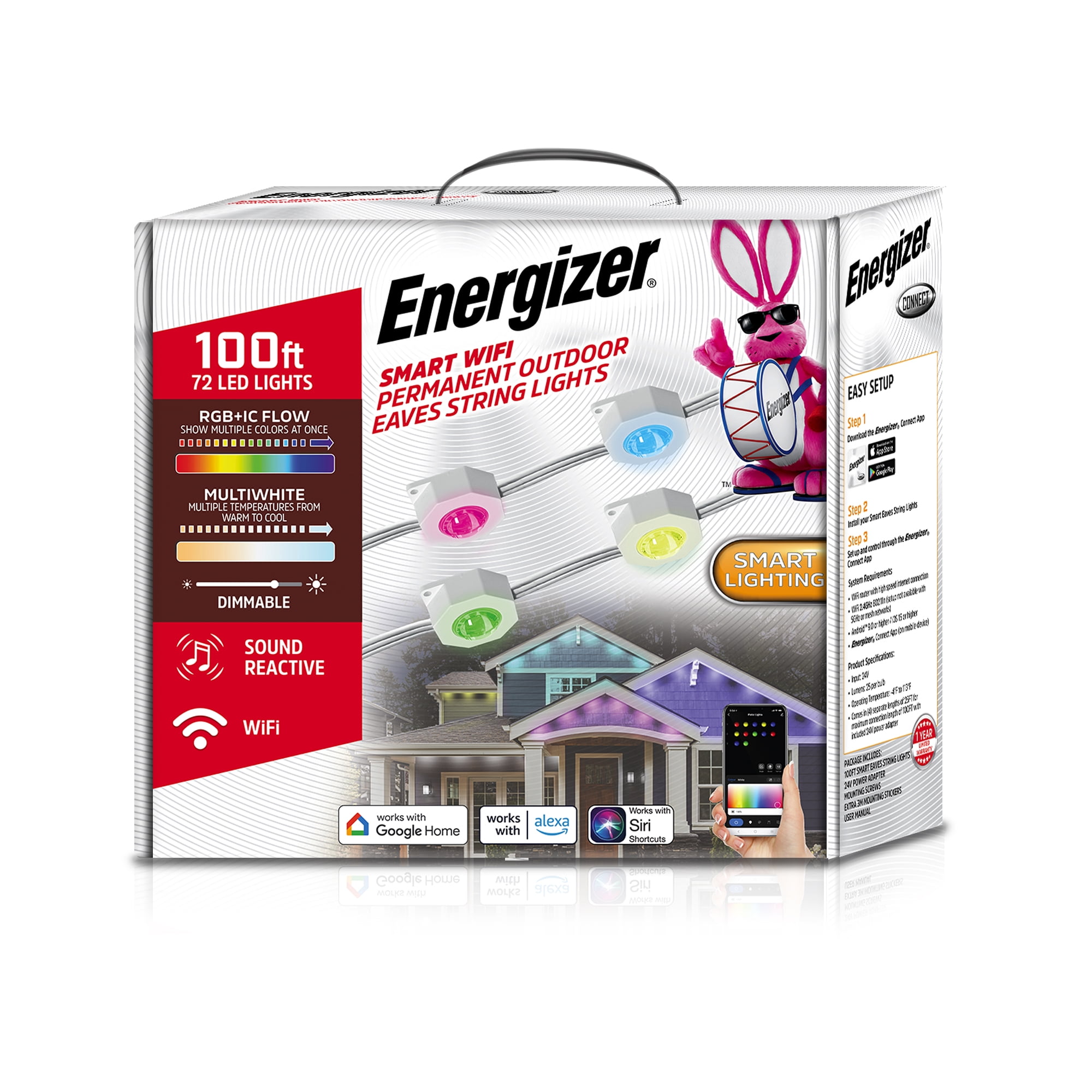 Energizer Smart WiFi Outdoor RGB+IC Eaves LED String Lights, Weatherproof, 100 ft, for Christmas, Halloween, Party, Gameday and More