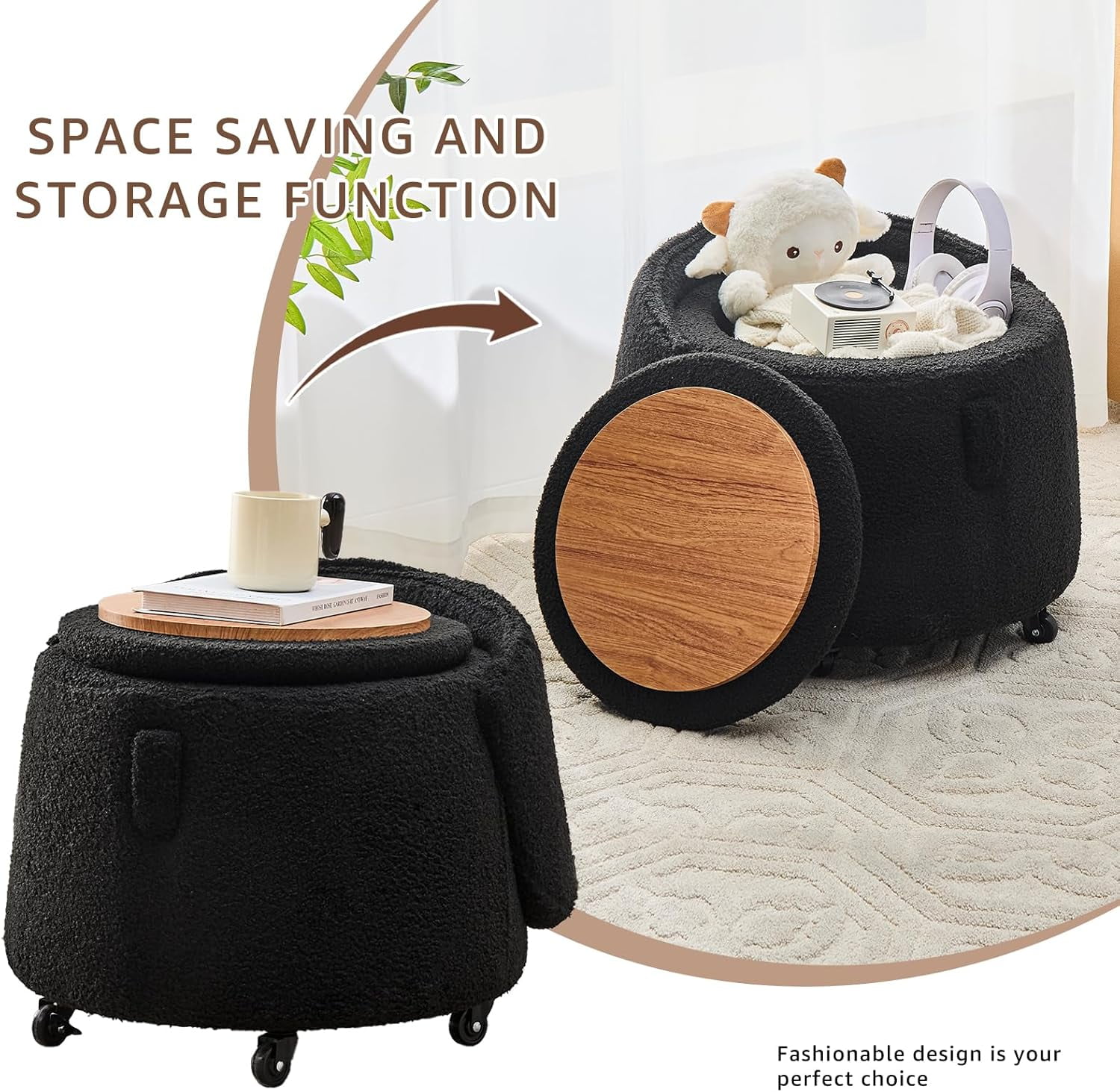Mxfurhawa Modern Velvet Storage Ottoman – Vanity Stool with Backrest & 5 Rolling Wheels, Small Footstool for Makeup, Bedroom, or Extra Seating (Black)