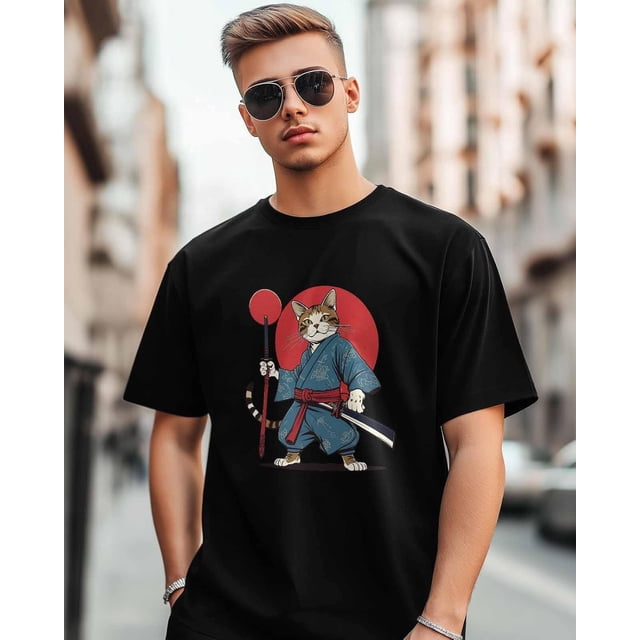 Mens T-Shirts,Cat Warrior Cartoon Short Sleeve T Shirts for Men Crew Neck Tees,Loose Fit Casual T-Shirts for Teens Boys