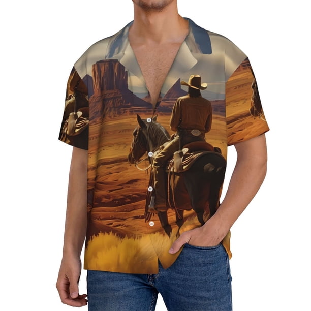 Fotbe Western Desert Cowboy Cloud Camisa Estampada de Manga Corta para Hombre, Casual de Verano, Estilo Playero, Sin Arrugas-Large