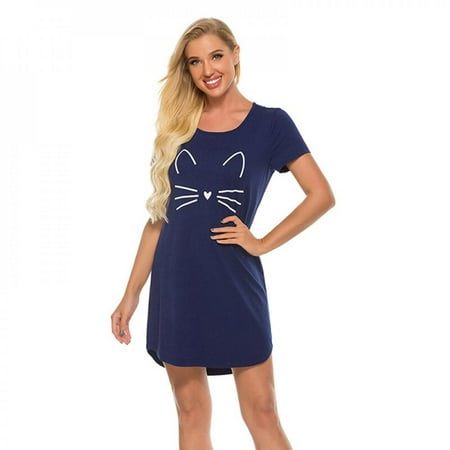 

Newway Cotton Nightdress Ladies Solid Color Cartoon Nightdress O-Neck Short Sleeve Homewear Summer Plus Size