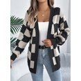 thumbnail image 6 of Women'S Autumn and Winter Contrast Color Plaid Lantern Sleeve Cardigan Sweater Mid-Length Coat Black XL, 6 of 9