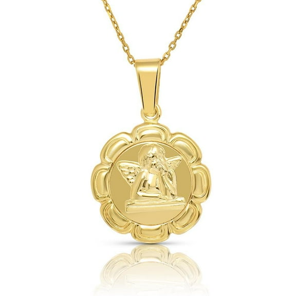 14K GOLD PLATED STERLING SILVER CHRYSTIE GUARDIAN ANGEL FLOWER MEDAL PENDANT NECKLACE