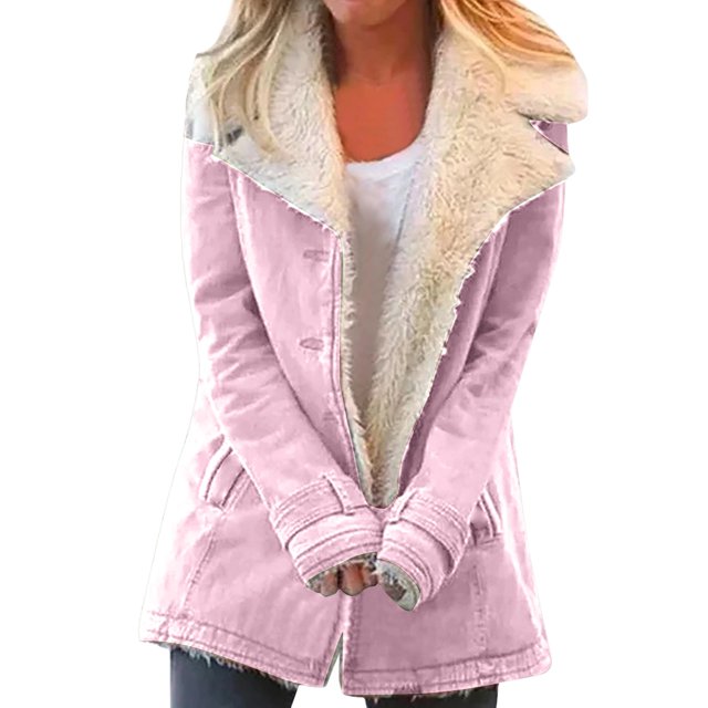 Winter Warm Fleece Lined Jackets For Women Plain Color Jacket With Pockets Button Coats Outerwear