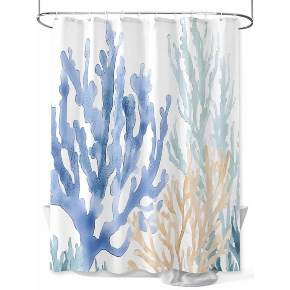 Fsddascl Coral Blue Green Beige Shower Curtain Set - Small 36" x 72" Washable Bathtub Curtain with 12 Hooks, Summer Coastal Ocean Plant Waterproof Fabric Stall Shower Curtains for Bathroom/Bathtub