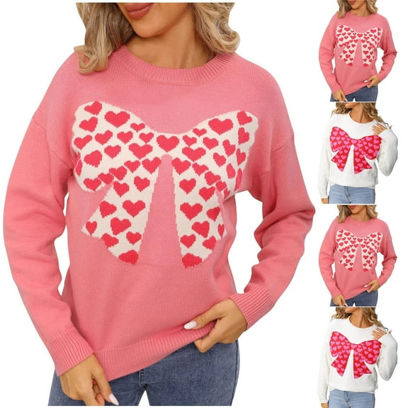 Bixock Women Fall and Winter Top,Women Sweater,Women's Casual Round Neck Long Sleeved Bow Print Loose Pullover Knitted Sweater