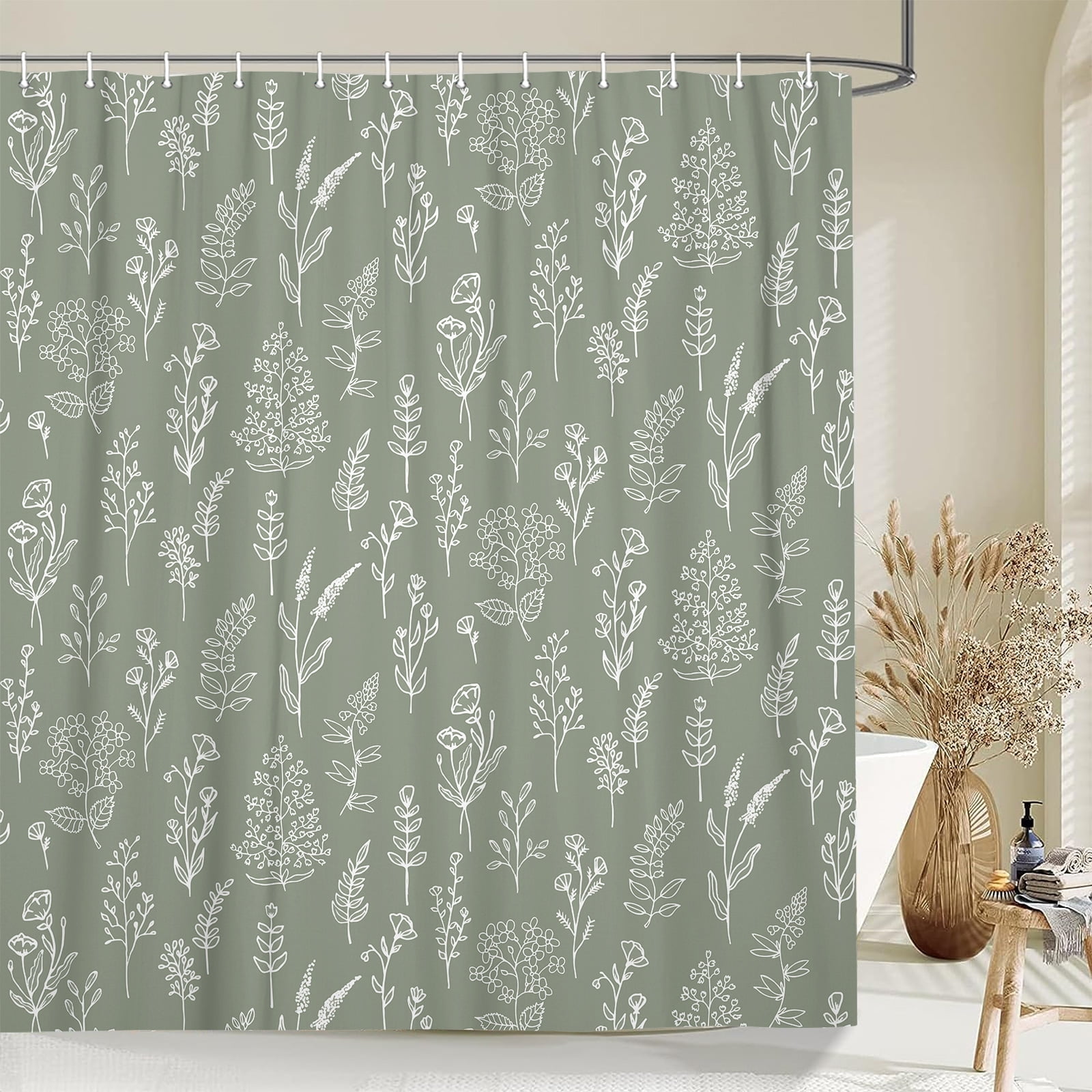 Boho Sage Green Floral Shower Curtain, Cute Spring Dark Green Flower Leaves Fabric Shower Curtains Set for Bathroom Decorative, Plant Botanical Restroom Decor Accessories with Hooks 72X72 Inch