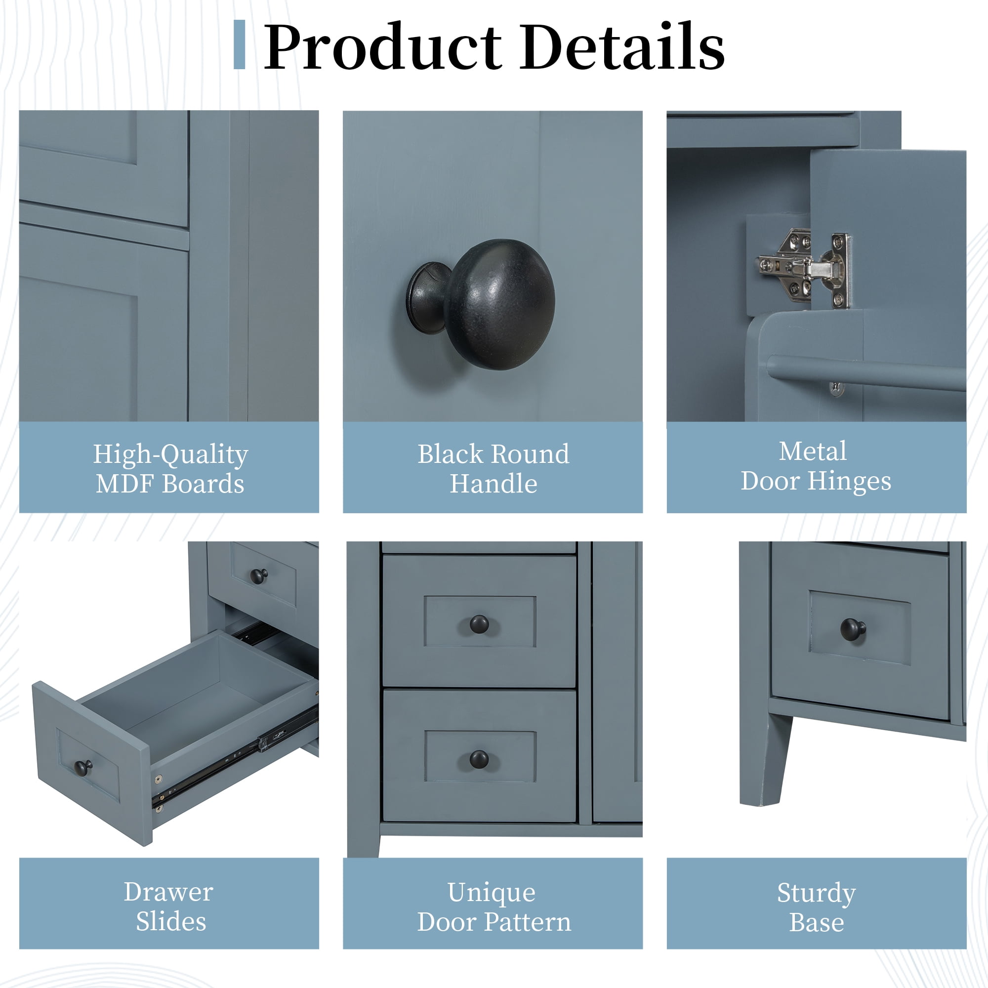 Euroco 36-Inch Blue Gray Bathroom Vanity with Sink, Modern MDF and Rubberwood Cabinet with 3 Drawers and Adjustable Shelf, Freestanding Vanity for Bathroom Storage and Organization