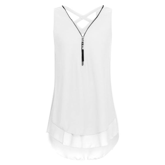 VUPSGEZ Summer Womens Sleeveless Solid Color V Neck Zip Up Chiffon Tank Top T Shirts Casual Back Loose Vest