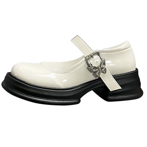 GiLiling Girls Mary Jane Platform Dress Shoes, Butterfly Buckle Low Heel Mary Janes, Shiny Leather Footwear for Kids, Comfortable Non-Slip formal Party Shoes (White, 6.5)